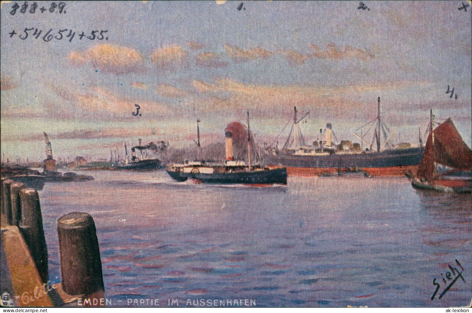 Ansichtskarte Emden Außenhafen Dampfer - Künstlerkarte 1909 - Emden