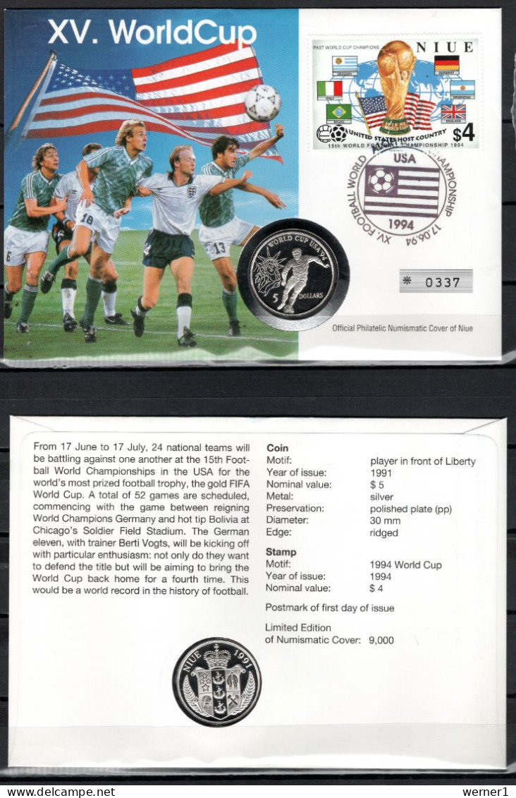 Niue 1994 Football Soccer World Cup Commemorative Numiscover With 5 $ Silver Coin - 1994 – Estados Unidos