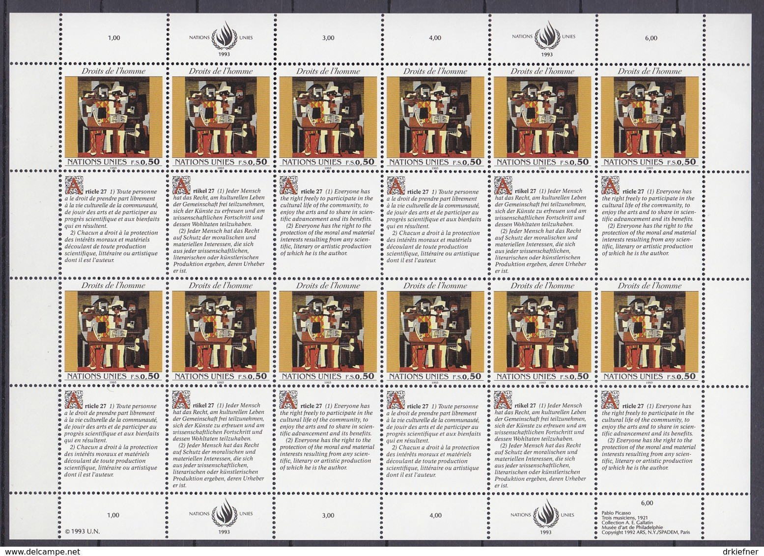 UNO GENF 233-234, 2 Kleinbogen, Postfrisch **, Allgemeine Erklärung Der Menschenrechte 1993 - Blocks & Sheetlets