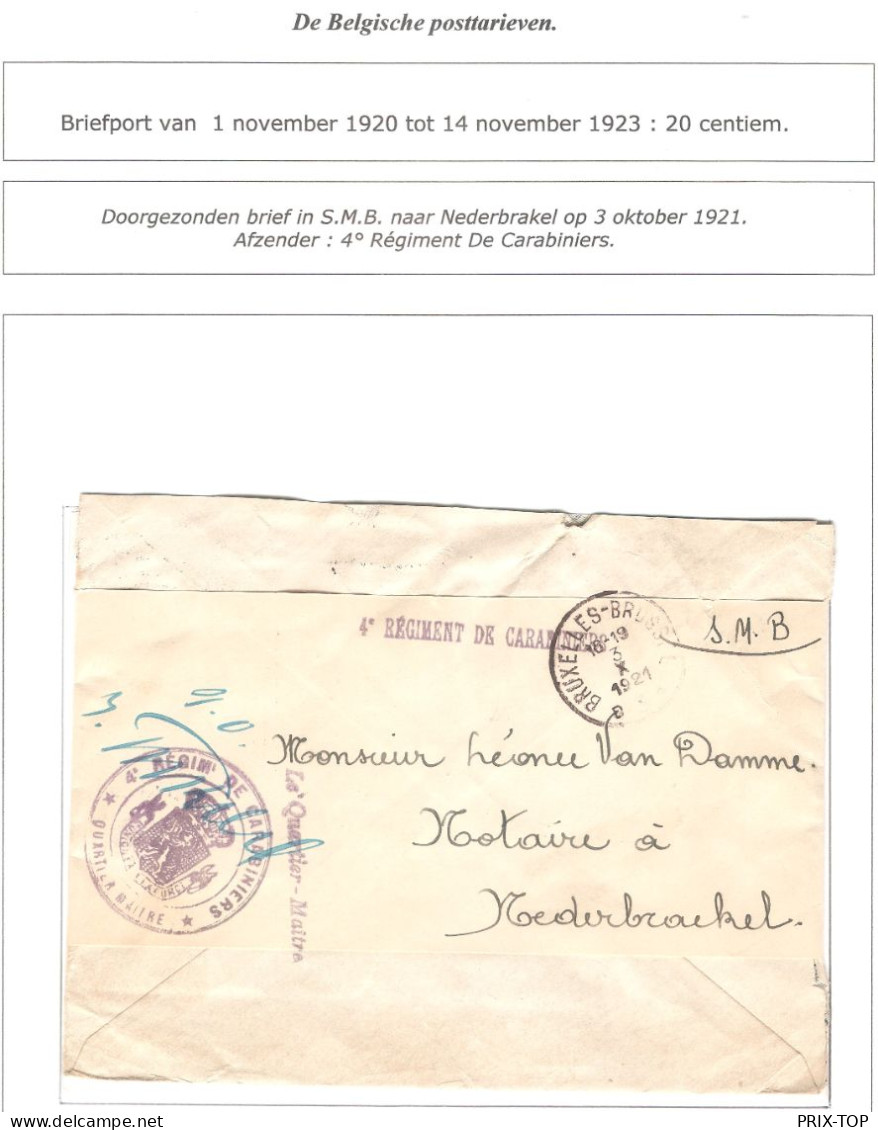 Lettre S.M.B. 4° Régiment De Carabiniers Cachet Du Régiment Signé Quartier-Maître Obl. BXL 3/10/1921 > Nederbrakel - Briefe U. Dokumente