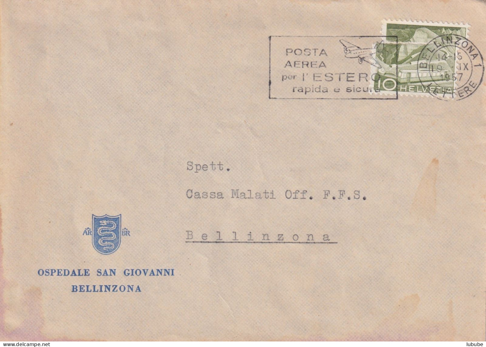 Motiv Brief  "Ospedale San Giovanni, Bellinzona"        1957 - Brieven En Documenten