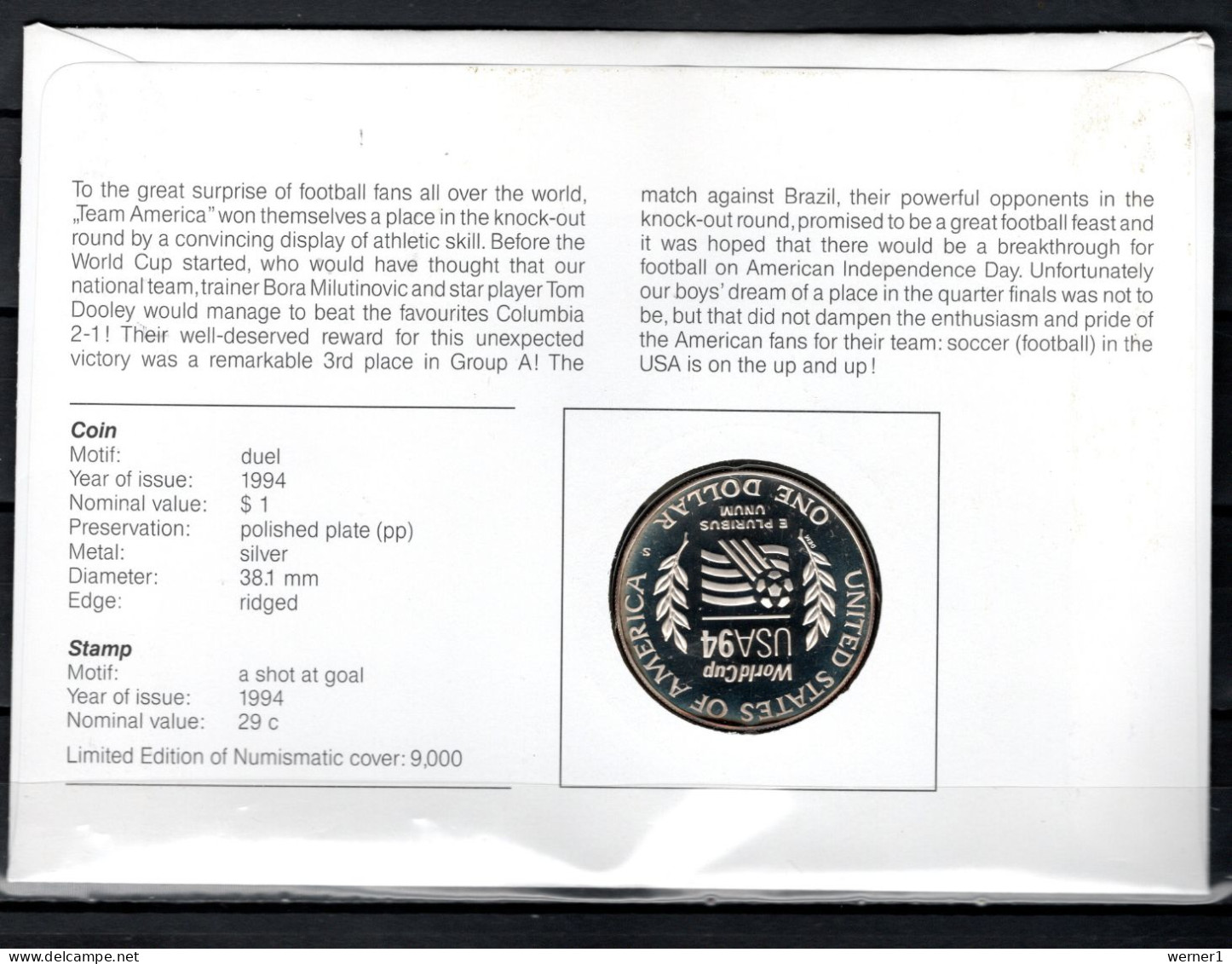 USA 1994 Football Soccer World Cup Numismatic Cover With 1 $ Silver Coin - 1994 – Verenigde Staten