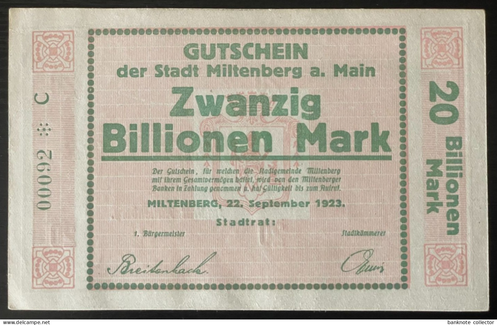 Deutschland, Germany, Gutschein Der Stadt Miltenberg A. Main - 20 Billion Mark, 1923 ! - 20 Billionen Mark