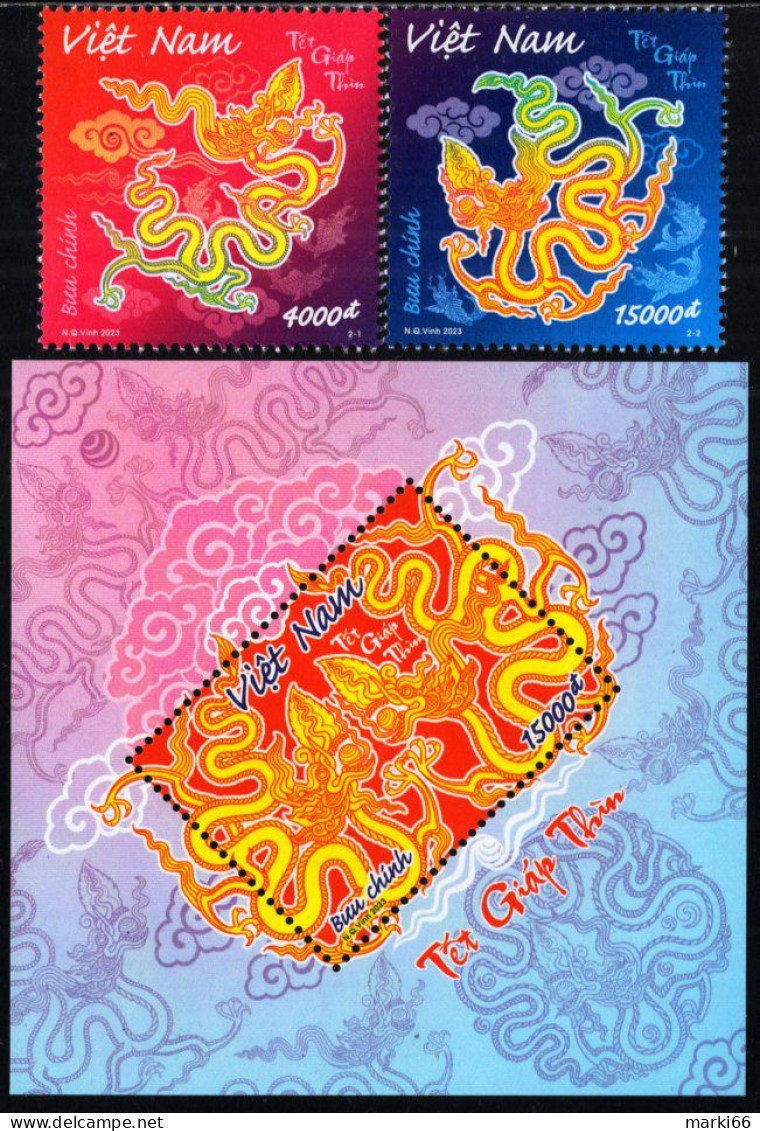 Vietnam - 2023 - Lunar New Year Of The Dragon - Mint Stamp Set + Souvenir Sheet - Vietnam