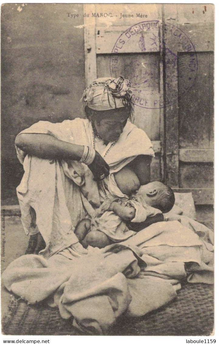 MAROC CPA JEUNE MERE SEIN NU ENFANT CACHET TROUPES DEBARQUEES A CASABLANCA LA FORCE PUBLIQUE 1913 CIRCULEE RABAT GRAMAT - Storia Postale