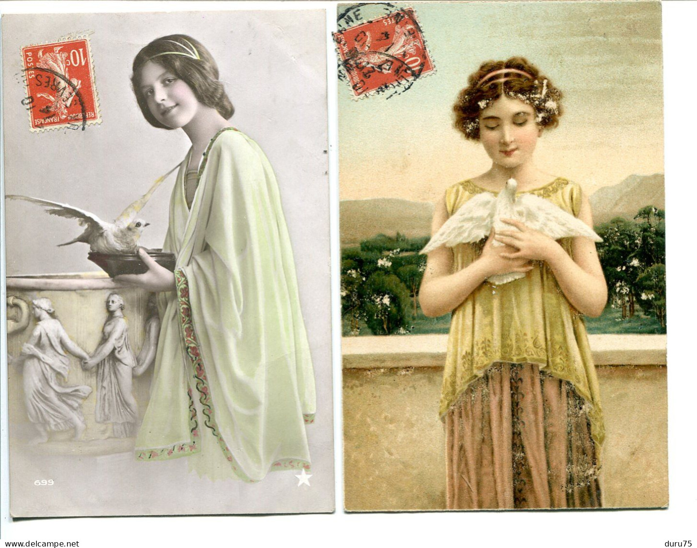 LOT 2 CPA Fantaisies Couleur Voyagé 1914 * Jolie Jeune Fille Femme à La Colombe * Très Bel état - Donne