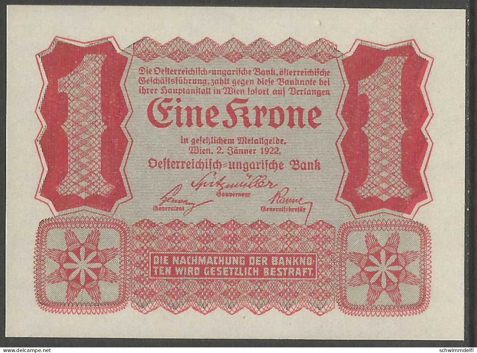 OESTERREICH - AUSTRIA - 1 CORONA 1922 - BILLETE DEL BANCO AUSTRIA - HUNGRÍA - VIENNA , 02. JAENNER 1922 - SIN CIRCULAR - Oostenrijk