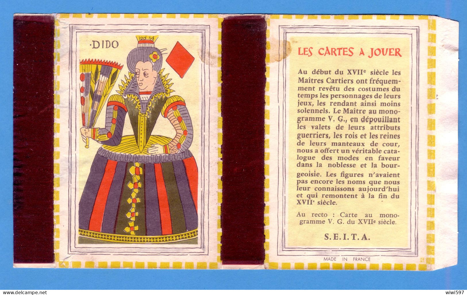 ÉTIQUETTE DE BOITE D'ALLUMETTES - CARTE MONOGRAMME V.G. - DAME DE CARREAU - MADE IN FRANCE DANS LA MARGE - Matchbox Labels