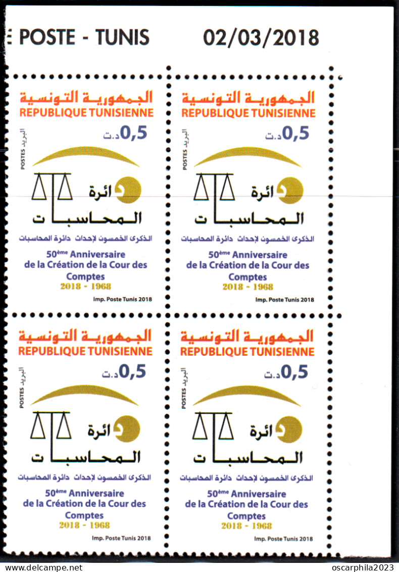 2018- Tunisie  -  50ème Anniversaire De La Création De La Cour Des Comptes -   Bloc De 4  Coin Daté 4V MNH*** - Tunisia