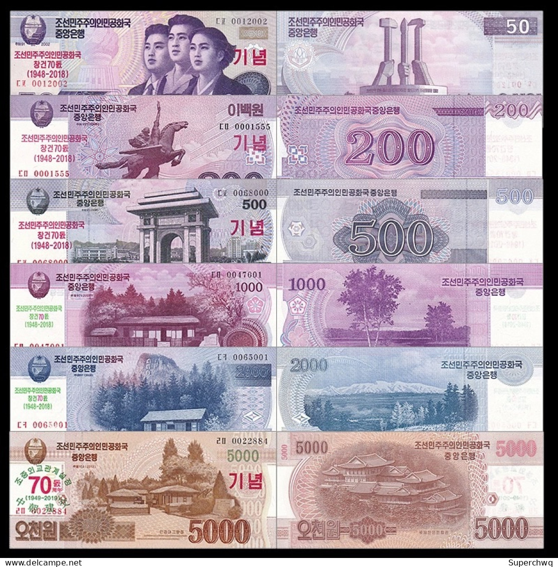 Korea North Banknote 6v，UNC - Korea, Noord