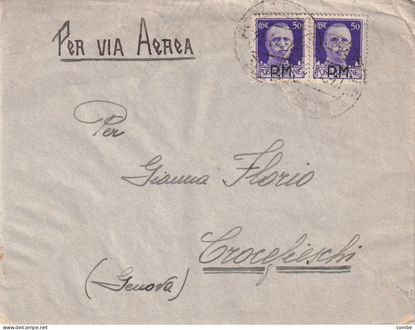 ITALIA  BUSTA. 30 6 43. PM. DIV. CASALE. PM 45.  AVIA AEREA PER CROCEFIESCHI - Poste Militaire (PM)