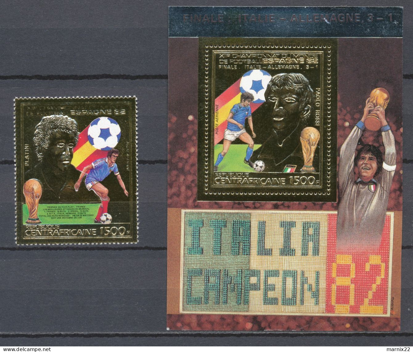 FIFA WORLD CUP - SPAIN 1982 - GOUDFOLIE ZEGELS REP. CENTRAFICAINE - PLATINI / ROSSI(Block) MNH                     Hk166 - 1982 – Spain