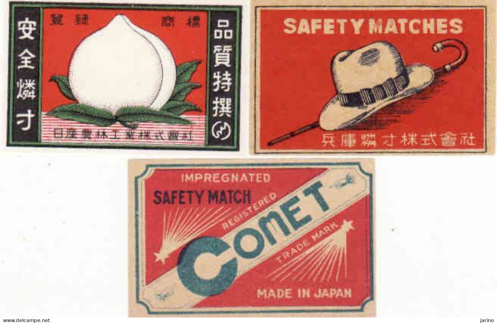 Japan - 3 X Matchbox Labels, Comet, Fruit, A Hat, An Umbrella - Zündholzschachteletiketten