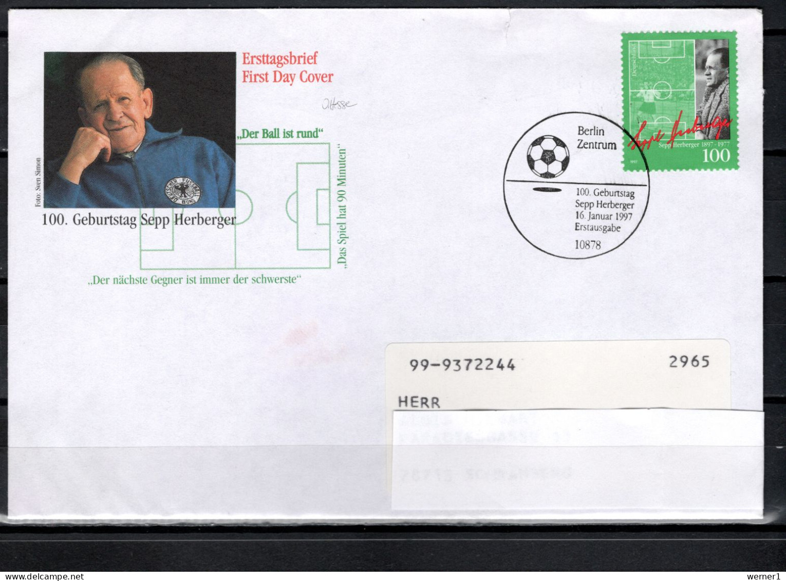 Germany 1997 Football Soccer, Sepp Herberger 100th Birthday Anniv. Stamp On FDC - Brieven En Documenten