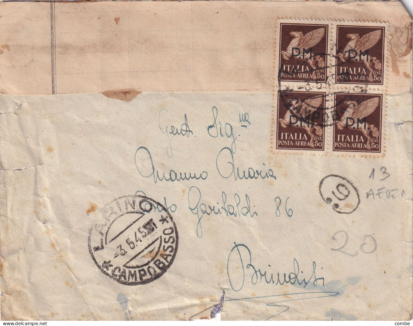 ITALIA.  BUSTA. 3 5 45. PM. LARINO CAMPOBASSO  BRINDISI - Posta Militare (PM)