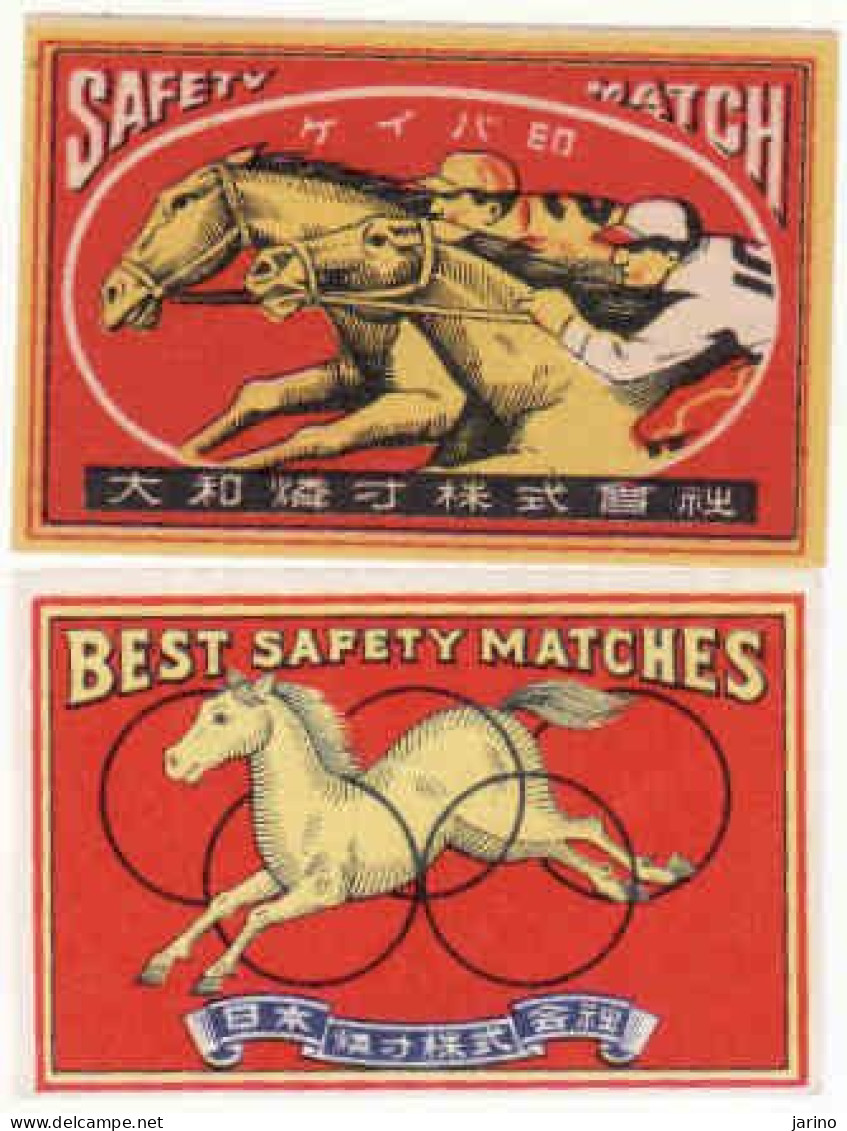 Japan - 2 X Matchbox Labels, Horse, Horse Racing, Olympic Rings - Zündholzschachteletiketten