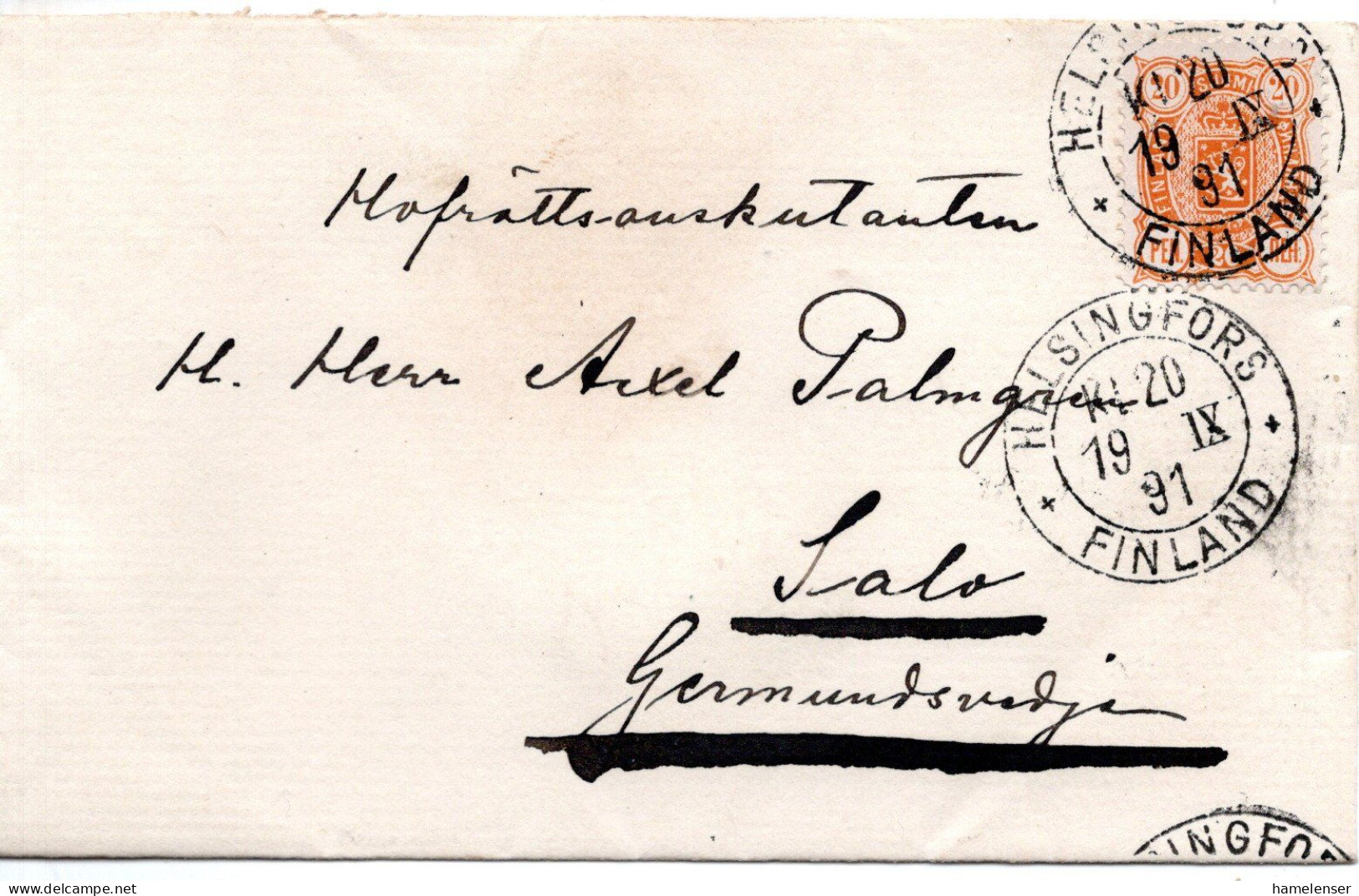 78310 - Finnland - 1891 - 20P Wappen EF A Bf HELSINGFORS -> SALO - Briefe U. Dokumente
