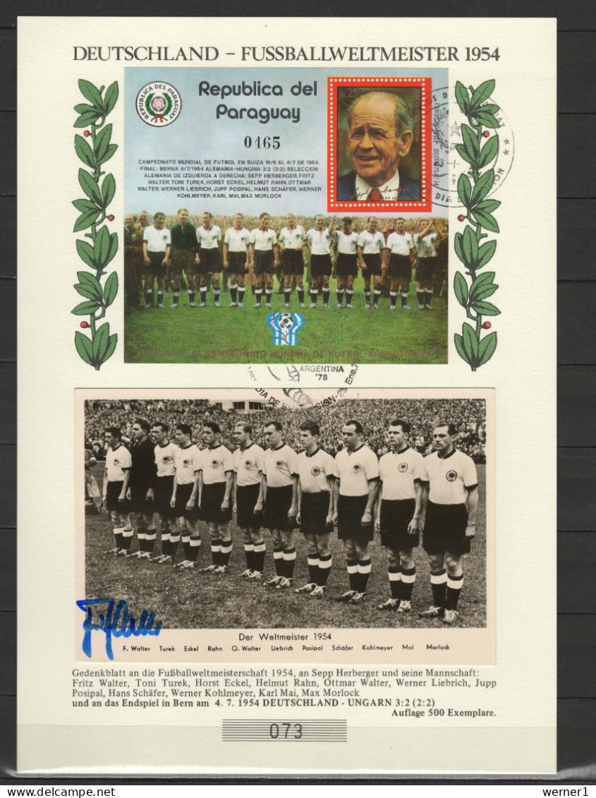 Paraguay 1978 Football Soccer World Cup S/s On Commmemorative Print With Signature Of Fritz Walter - 1978 – Argentina