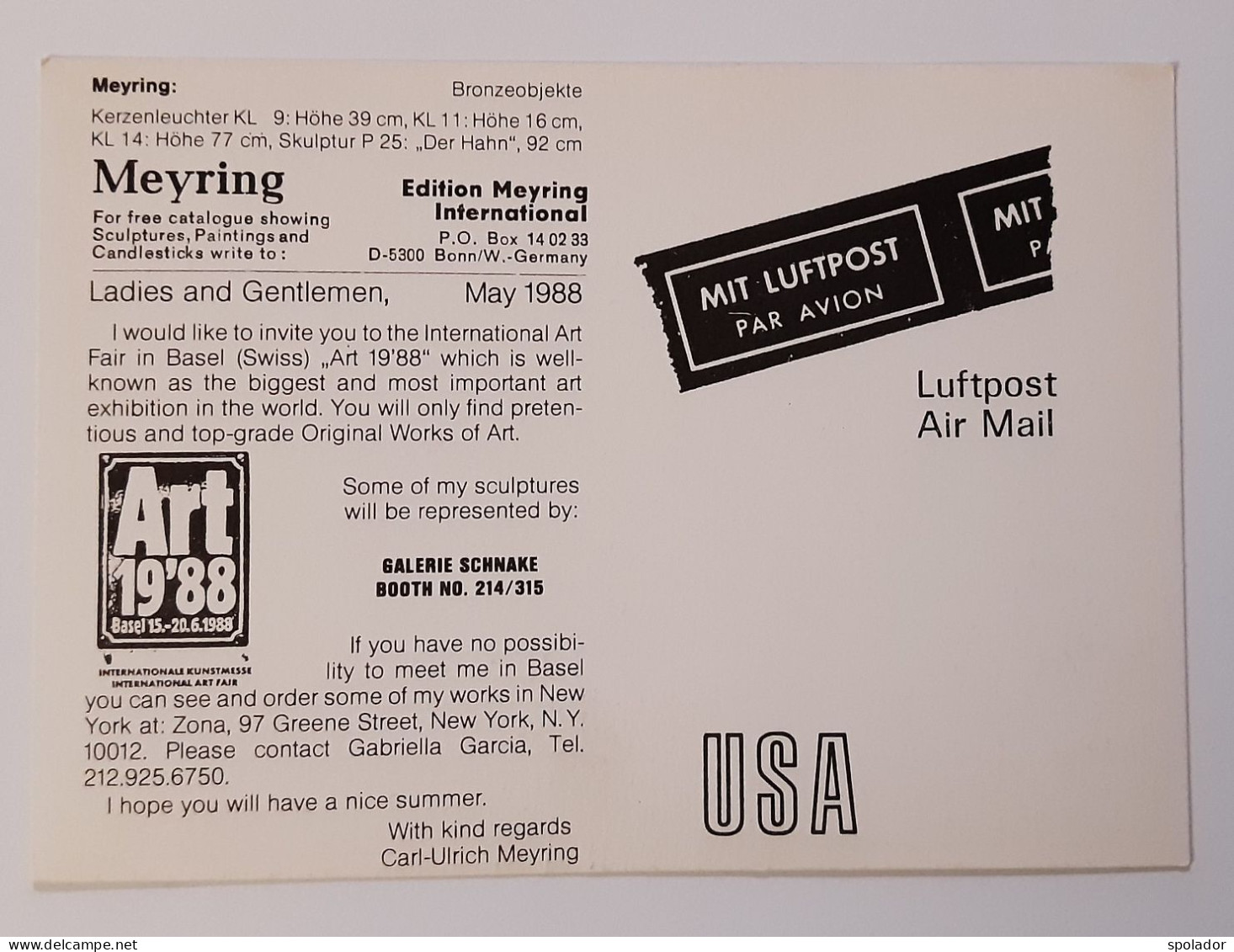 ART 19'88-Carl-Ulrich Meyring-Art Fair In Basel-Vintage Invitation Card-Postcard May 1988-unused - Bâle
