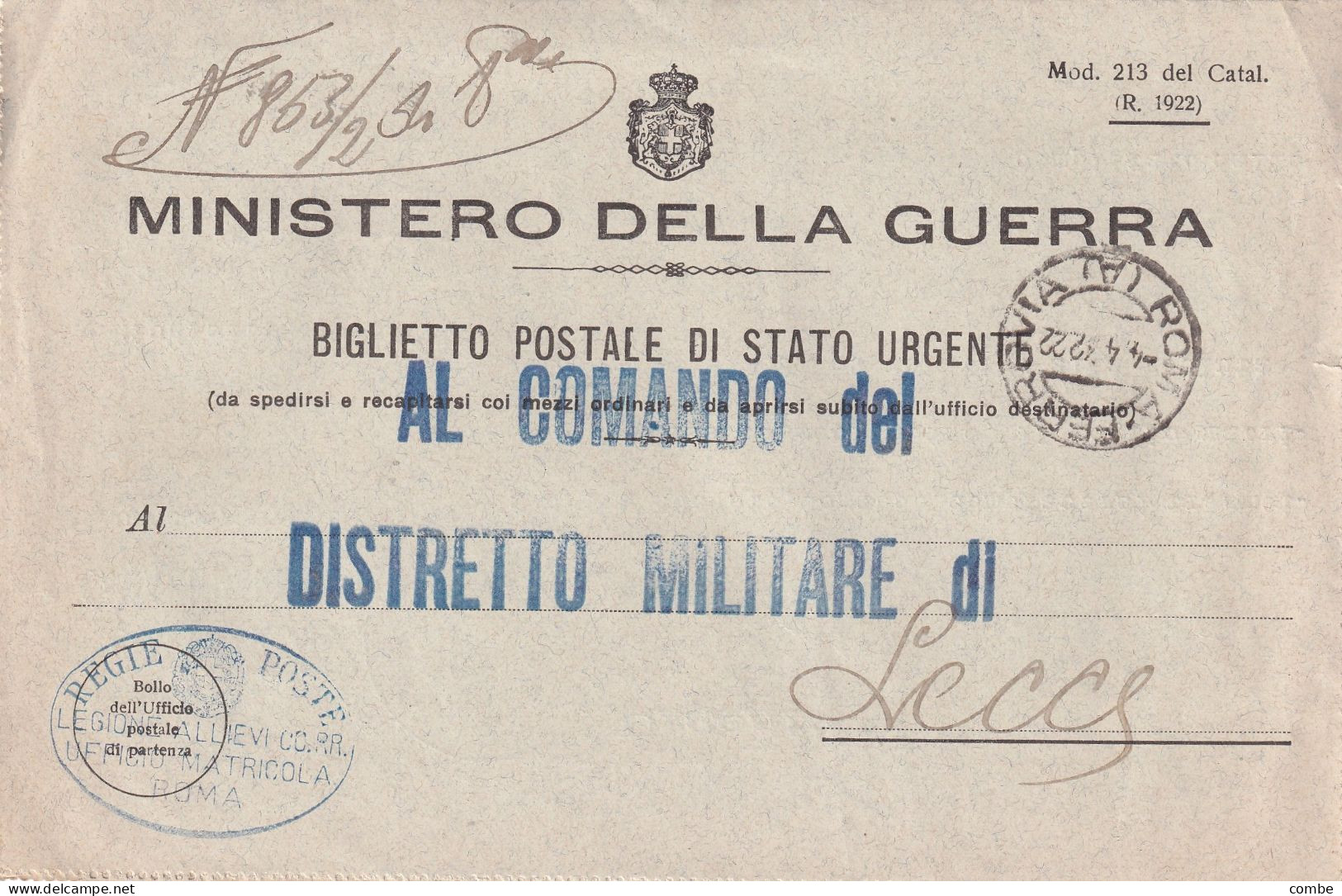 ITALIA.  CARTA. 4 4 42. MINISTERO DELLA GUERRA. REGIE POSTE ROMA PER LECCE - Franchigia