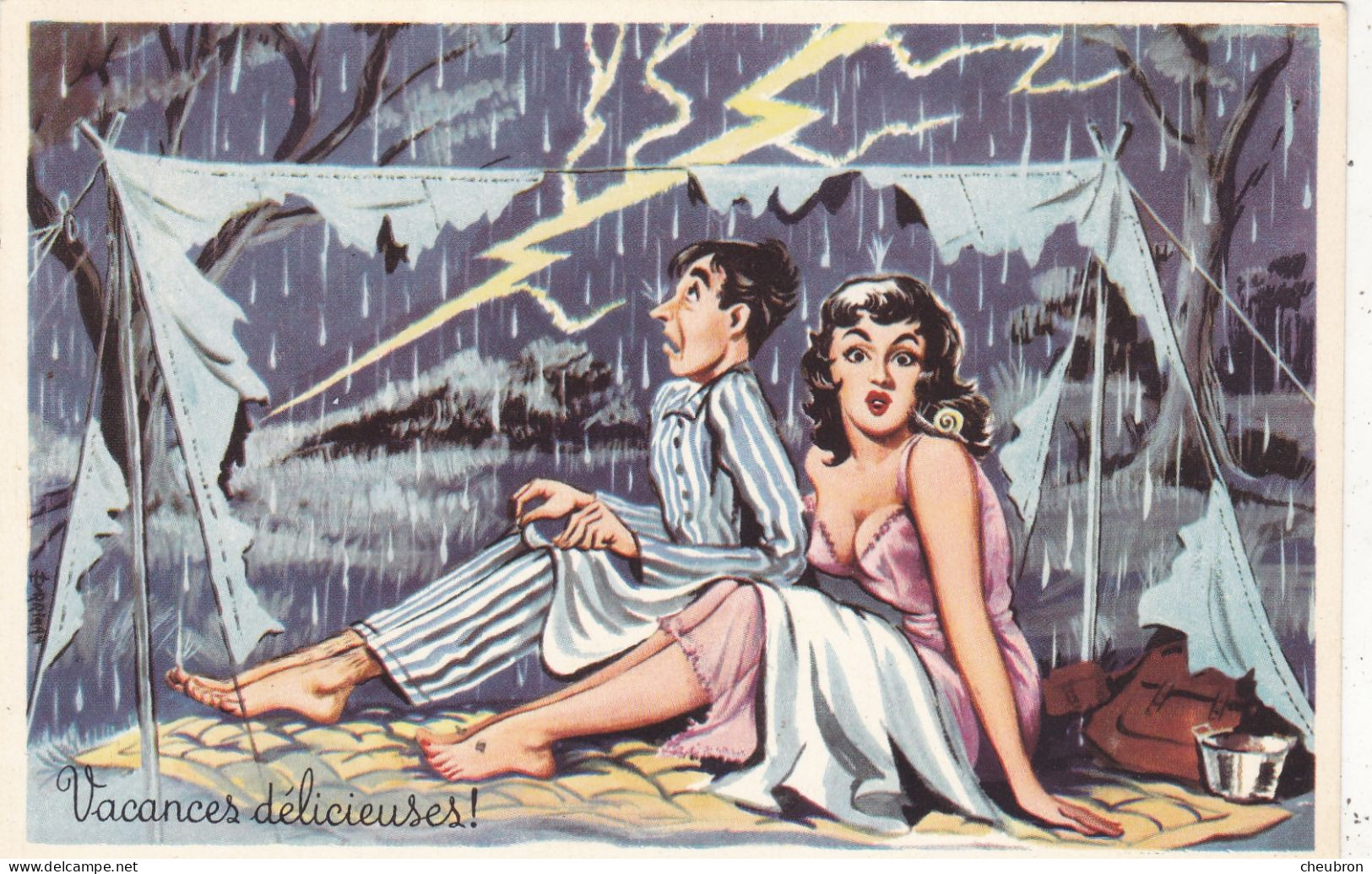 HUMOUR .CPA. ILLUSTRATION. COUPLE EN CAMPING " VACANCES DELICIEUSES ". ANNEE 1954 + TEXTE - Humour