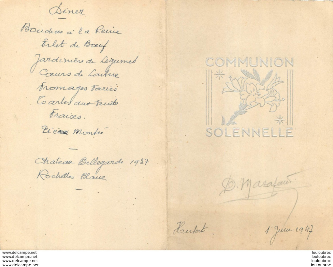 MENU COMMUNION SOLENNELLE 1947 DEJEUNER ET DINER FORMAT OUVERT 20 X 15 CM - Menus