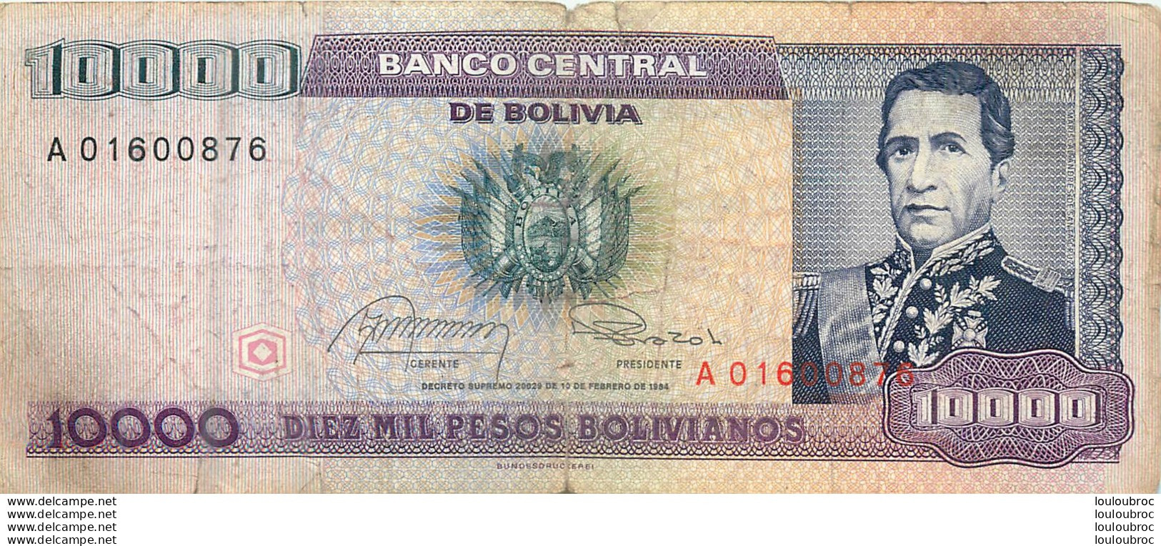 BILLET  BOLIVIE BOLIVIA 10000 PESOS - Bolivië
