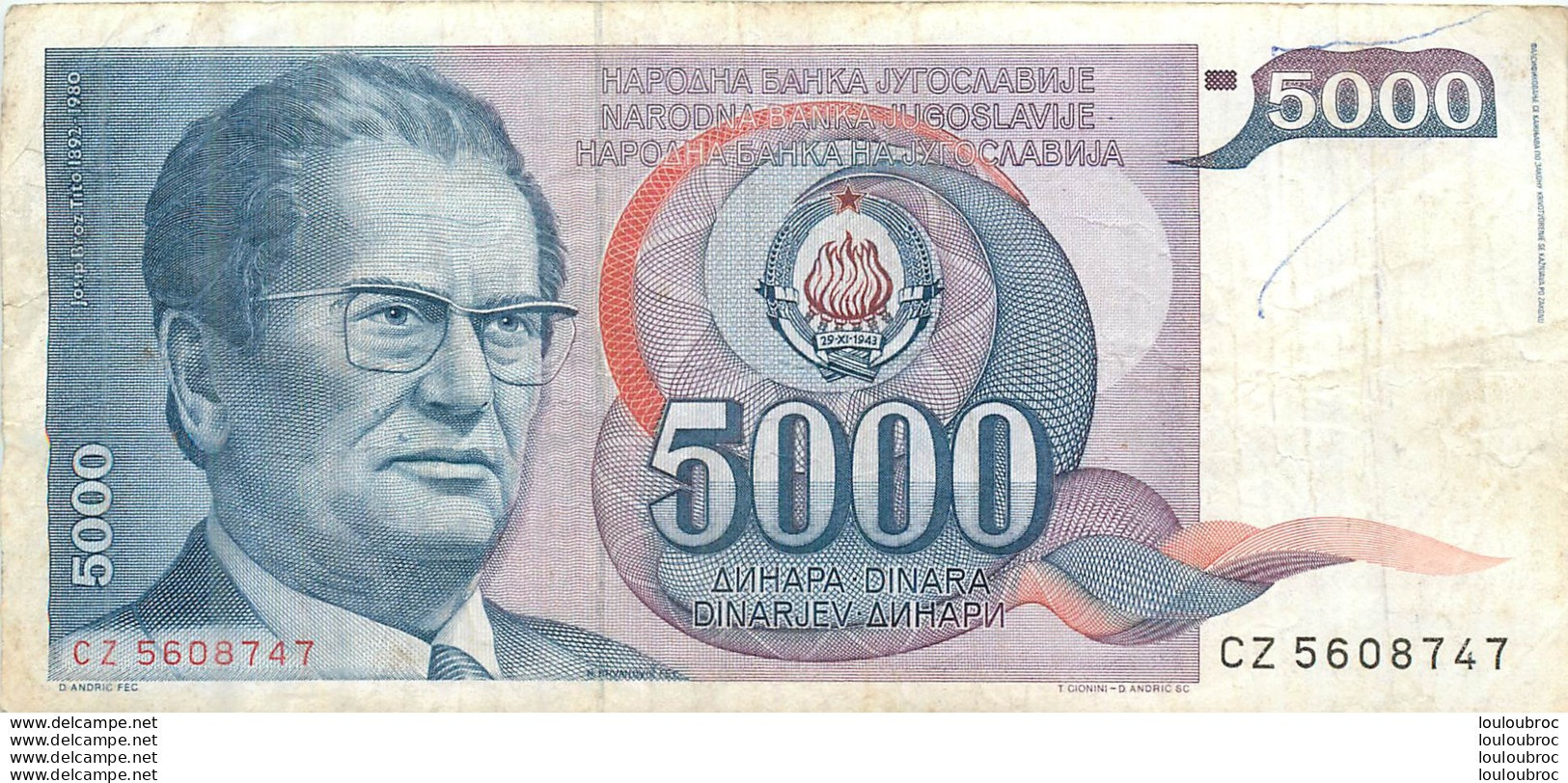 BILLET   YOUGOSLAVIE   5000 DINARA - Yougoslavie