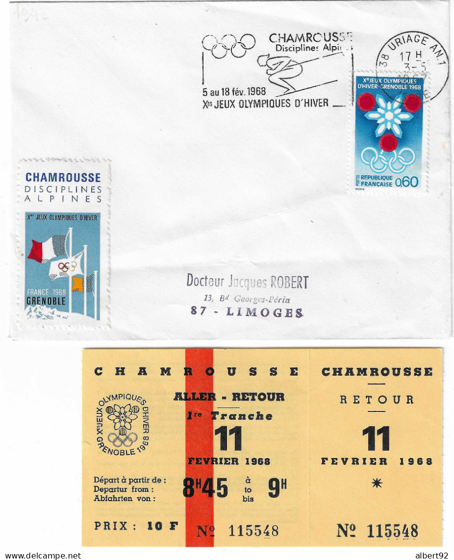 1967 Jeux Olympiques De Grenoble: Site De Chamrousse (bureau Postal ANNEXE D'Uriage)+ Billet De La Navette De Transport - Invierno 1968: Grenoble