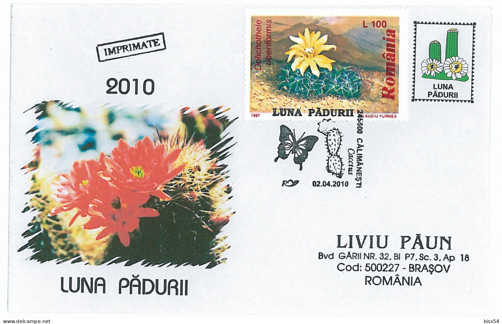 COV 13 - 912 CACTUS, Romania - Cover - Used - 2010 - Storia Postale