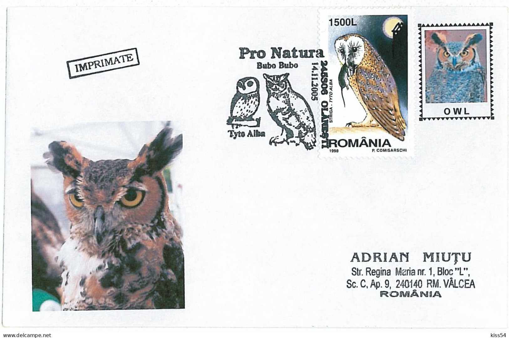 COV 13 - 257 OWL, Romania - Cover - Used - 2005 - Covers & Documents