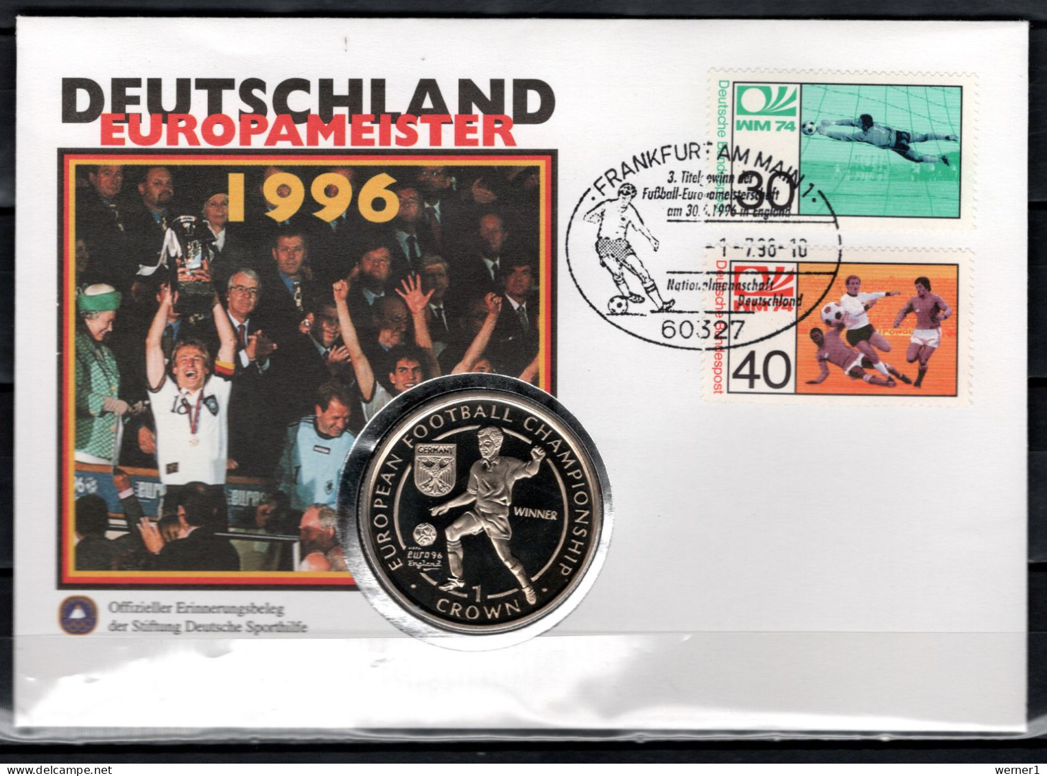 Germany 1996 Football Soccer European Championship Com. Numismatic Cover With 1 Crown Coin From Isle Of Man - Championnat D'Europe (UEFA)
