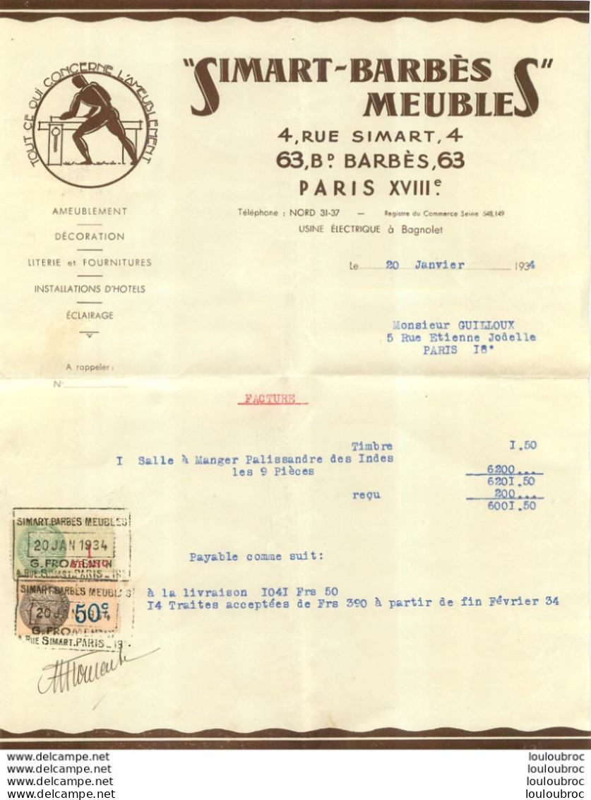 SIMART BARBES MEUBLES PARIS 63 BD BARBES FACTURE AVEC TIMBRES 1934 - 1900 – 1949