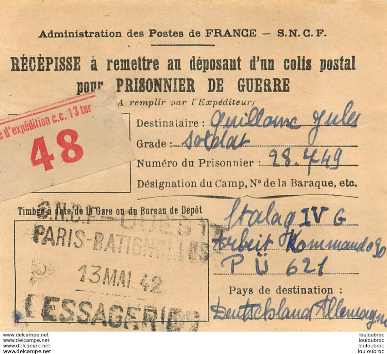 RECEPISSE D'UN COLIS POSTAL POUR PRISONNIER DE GUERRE STALAG IV G SNCF PARIS BATIGNOLLES 05/42 - 2. Weltkrieg 1939-1945