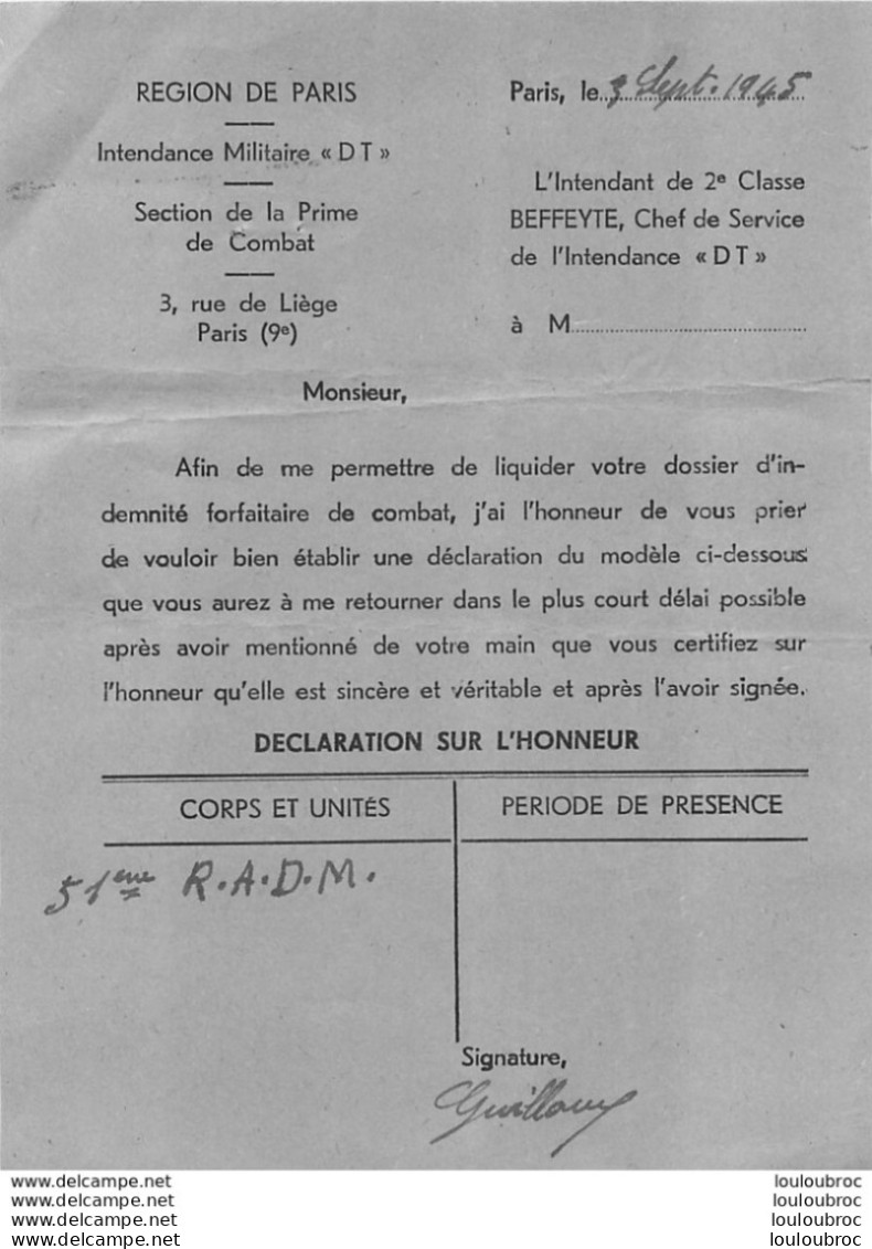 INTENDANCE MILITAIRE REGION DE PARIS SECTION DE LA PRIME DE COMBAT  SOLDAT GUILLOUX 51em R.A.D.M. - 1939-45