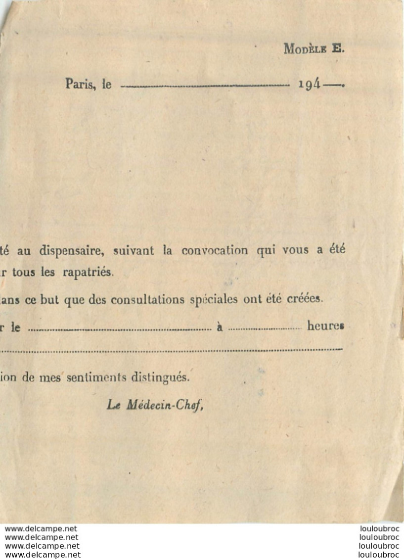 CONGE DE CONVALESCENCE   SOLDAT GUILLOUX 10/1945 AVEC CACHET OFFICE PUBLIC D'HYGIENE SANITAIRE PARIS - 1939-45