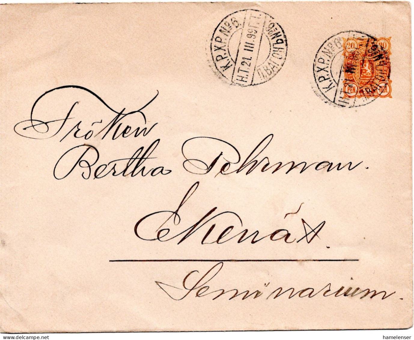 78321 - Finnland - 1899 - 20P Wappen GAU BahnpostStpl K.P.X.P. No.6 -> TAMMISAARI - Storia Postale