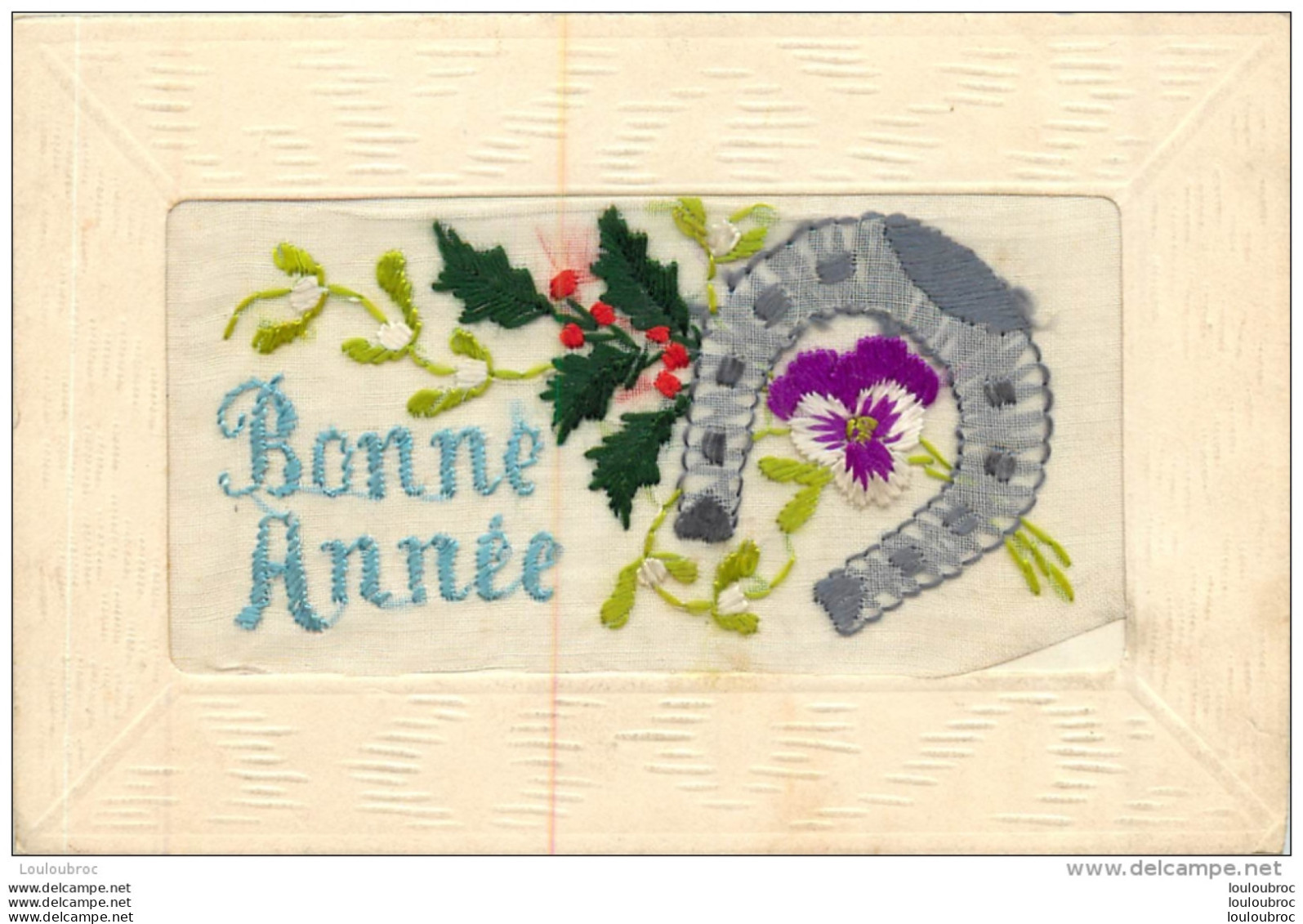 CARTE BRODEE HOUX ET FER A CHEVAL BONNE ANNEE - Bestickt