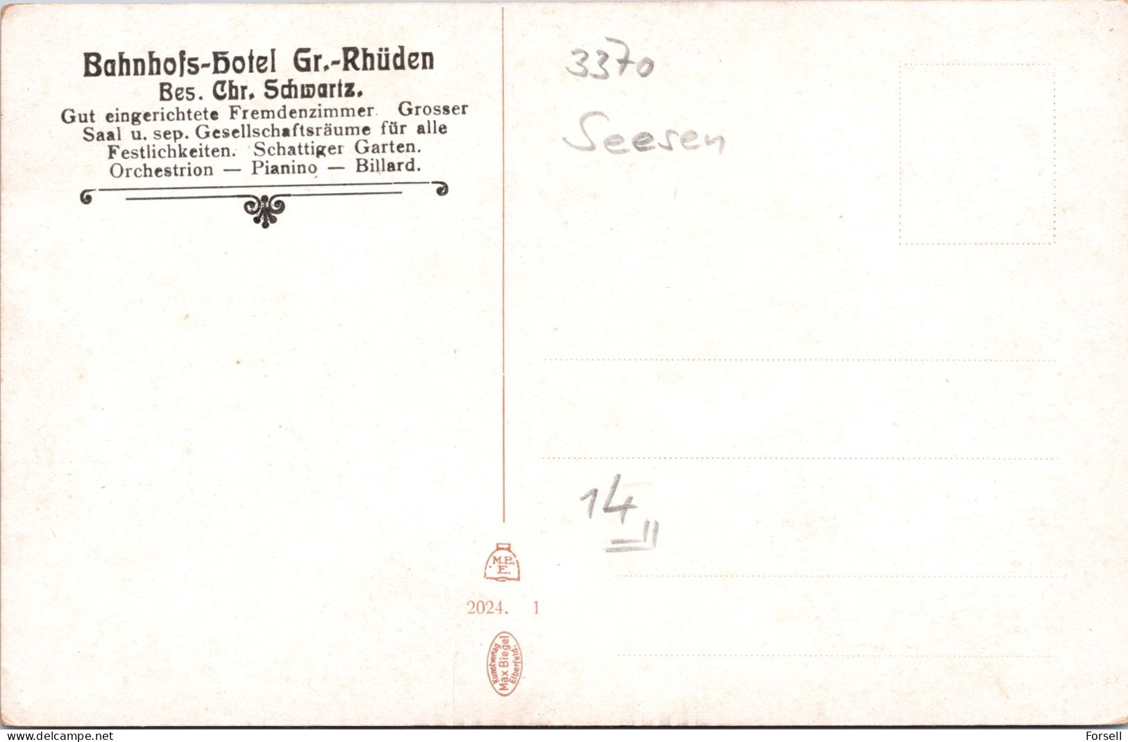 Bahnhofs Hotel Gr. Rhüden , Bes. Chr. Schwartz (Ungebraucht) - Seesen