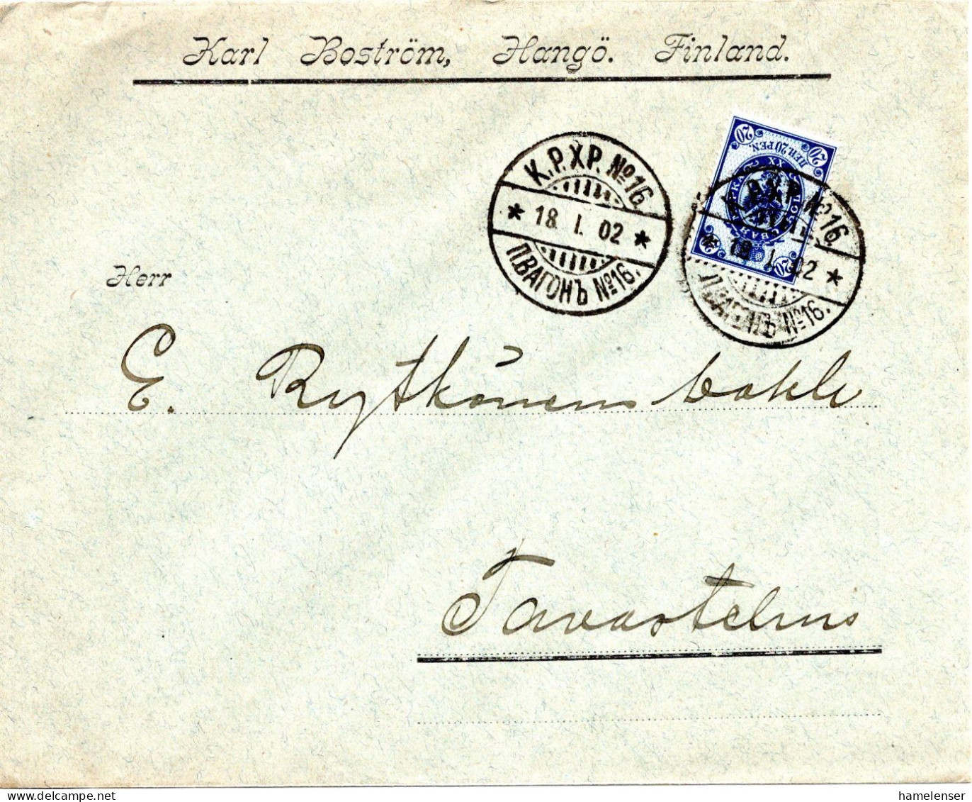 78324 - Finnland - 1902 - 20P Wappen EF A Bf BahnpostStpl K.P.X.P. No.16 -> HÄMEENLINNA - Covers & Documents