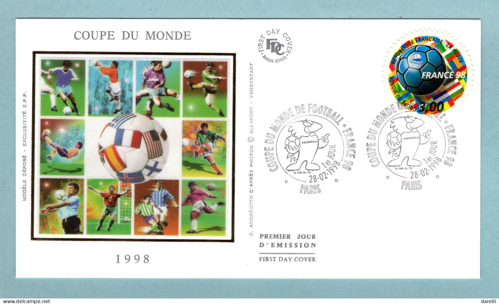 FDC France 1998 - Coupe Du Monde De Football 1998 - YT 3140  (adhésif YT 17) - Paris (soie) - 1990-1999