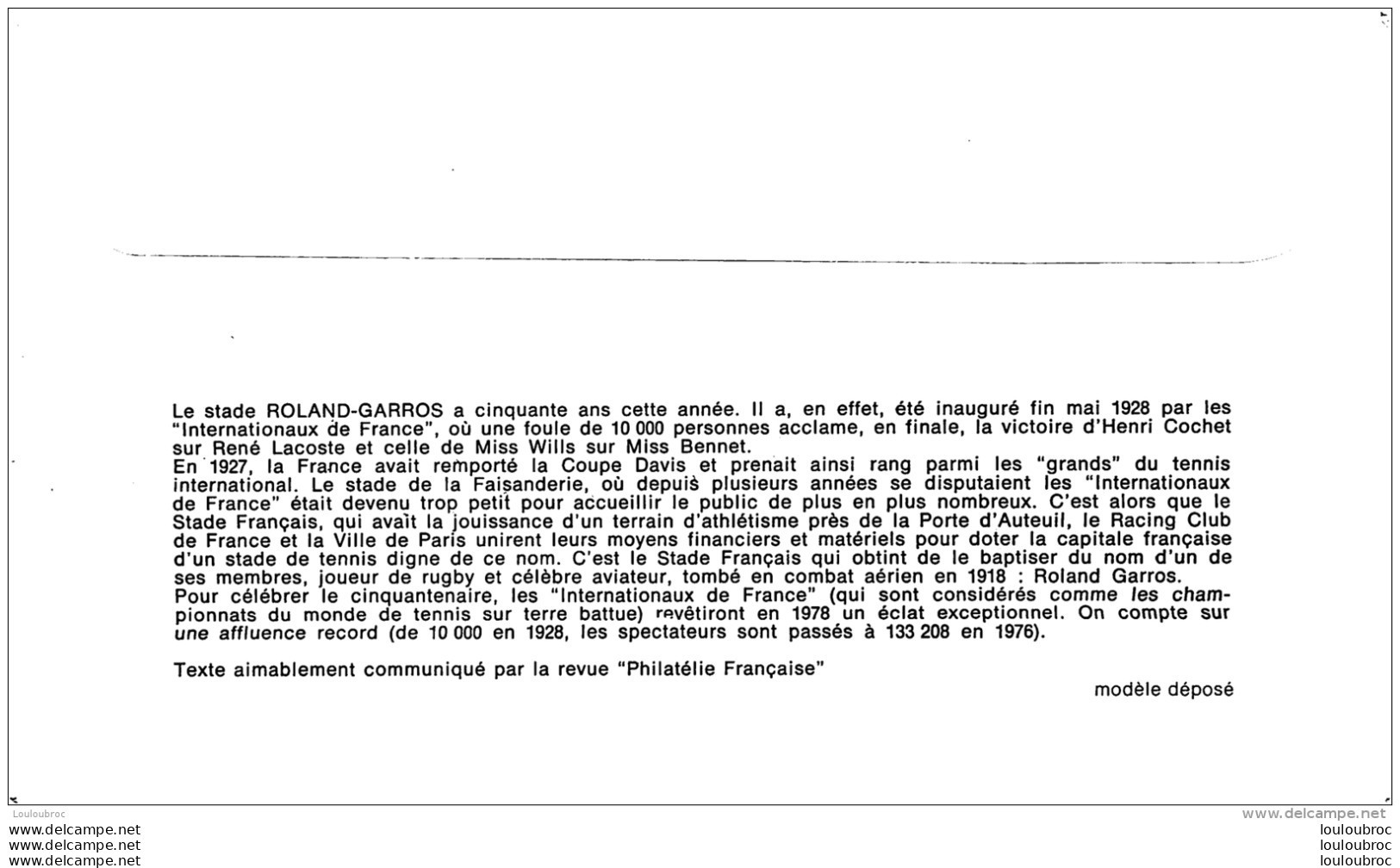 PREMIER JOUR D'EMISSION F.D.C. N°1081 27/05/1978  50e ANNIVERSAIRE STADE ROLAND GARROS - 1970-1979