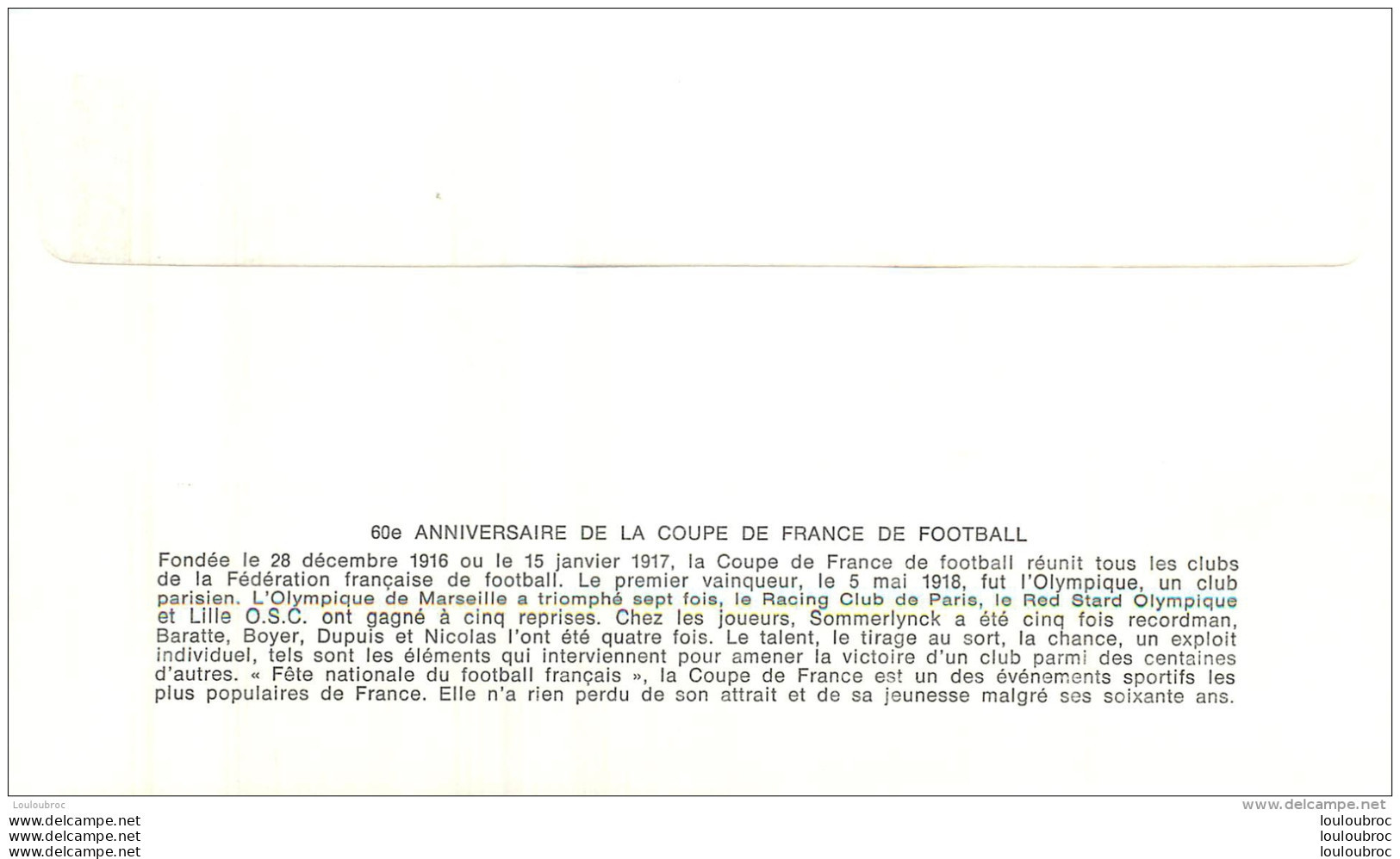 PREMIER JOUR D'EMISSION F.D.C. N°1027  11/06/1977 60e ANNIVERSAIRE DE LA COUPE DE FRANCE DE FOOTBALL - 1970-1979