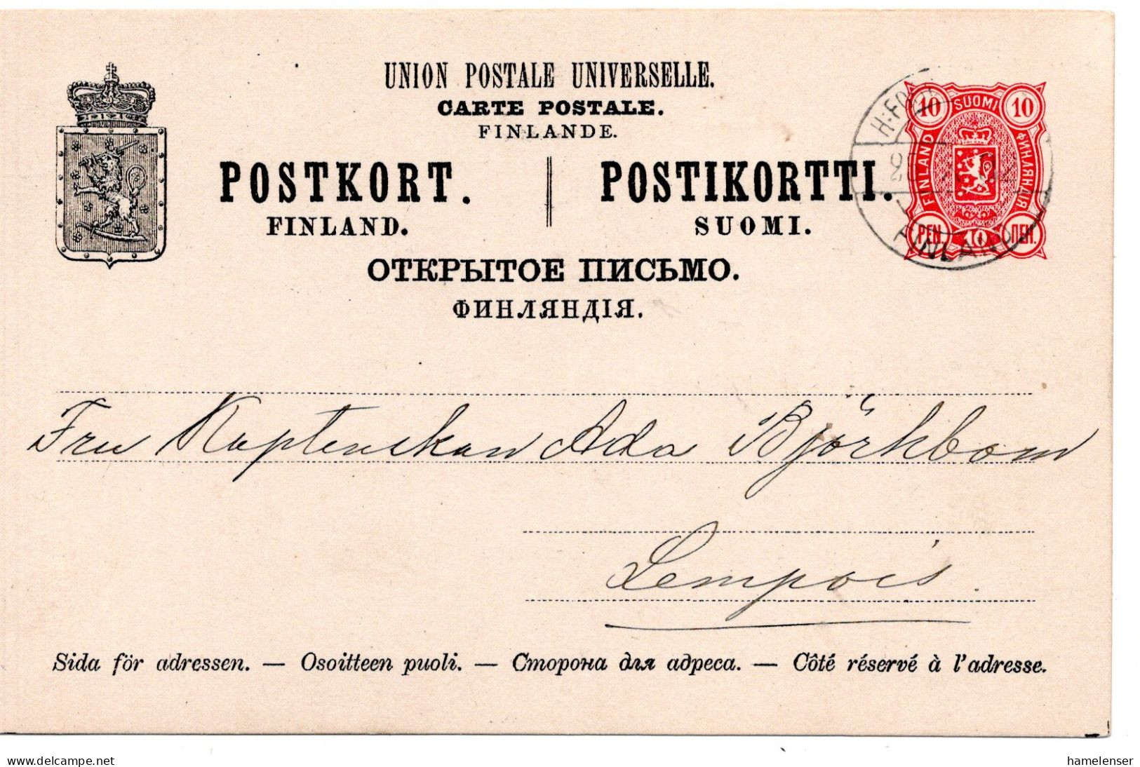 78326 - Finnland - 1892 - 10P Wappen GAKte BahnpostStpl H:FORS ... -> Lempois - Storia Postale
