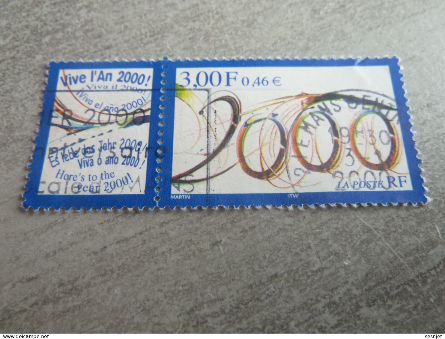 Meilleurs Voeux 2000 + Vignette - 3f. (0.46 €) - Yt 3291 - Multicolore - Oblitéré - Année 1999 - - Used Stamps