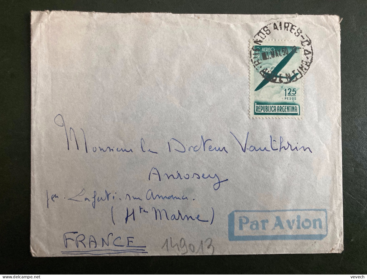 LETTRE Par Avion Pour La FRANCE TP AVION 1,25 OBL.3 MAY 50 BUENOS AIRES C.4 + EXP: THIRION 2e Lieutenant S/S KERGUELEN N - Lettres & Documents