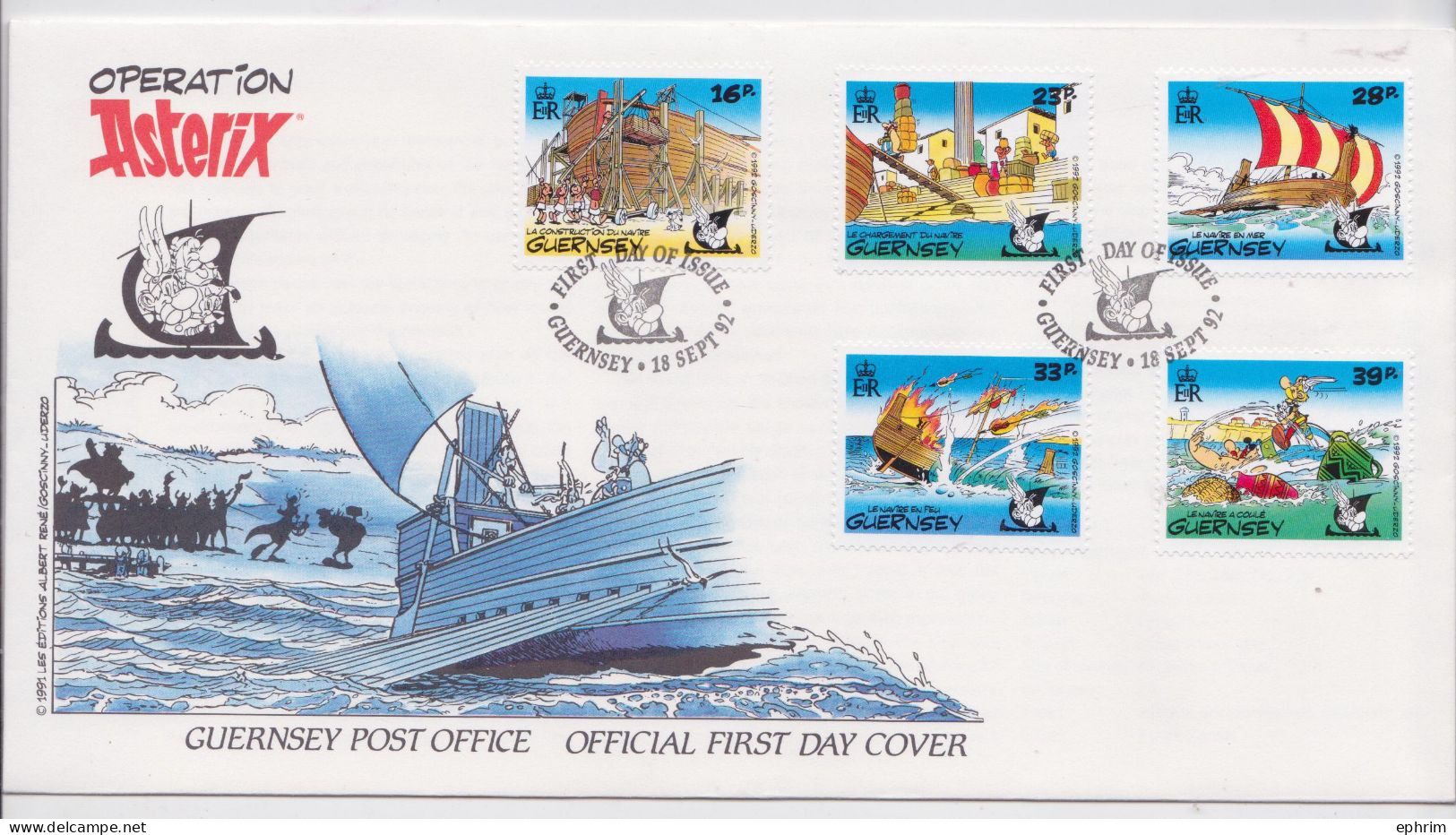 Guernsey Stamp Official First Day Cover Guernesey FDC Opération Astérix Enveloppe Premier Jour Set Complet De 5 Timbres - Fumetti
