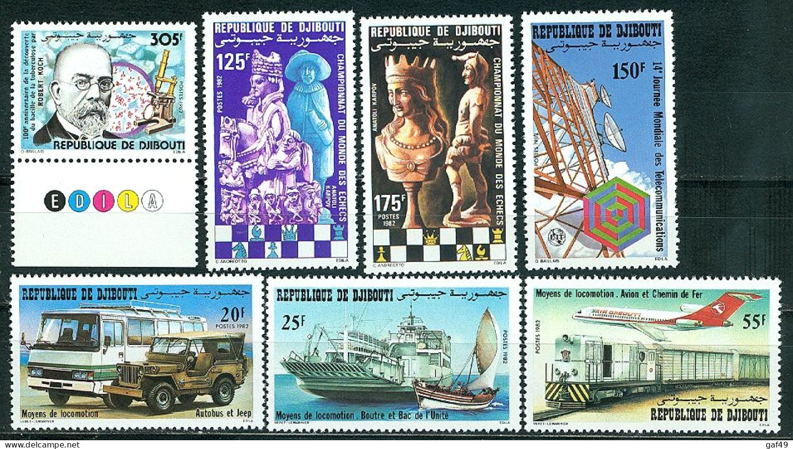 Djibouti 1982 N°Y&T 550 à 556 Neufs Sans Charnière Echecs, Transports, Robert KOCH - Djibouti (1977-...)