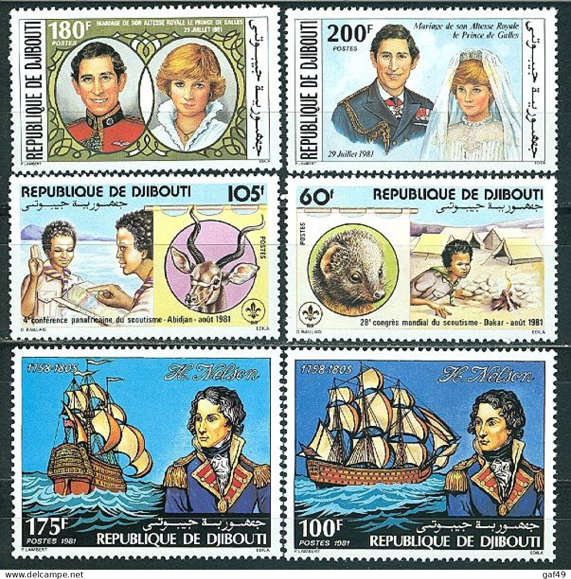 Djibouti 1981 N°Y&T 535 à 540 Neufs Sans Charnière Charles Et Diana Amiral Nelson Scoutisme - Djibouti (1977-...)