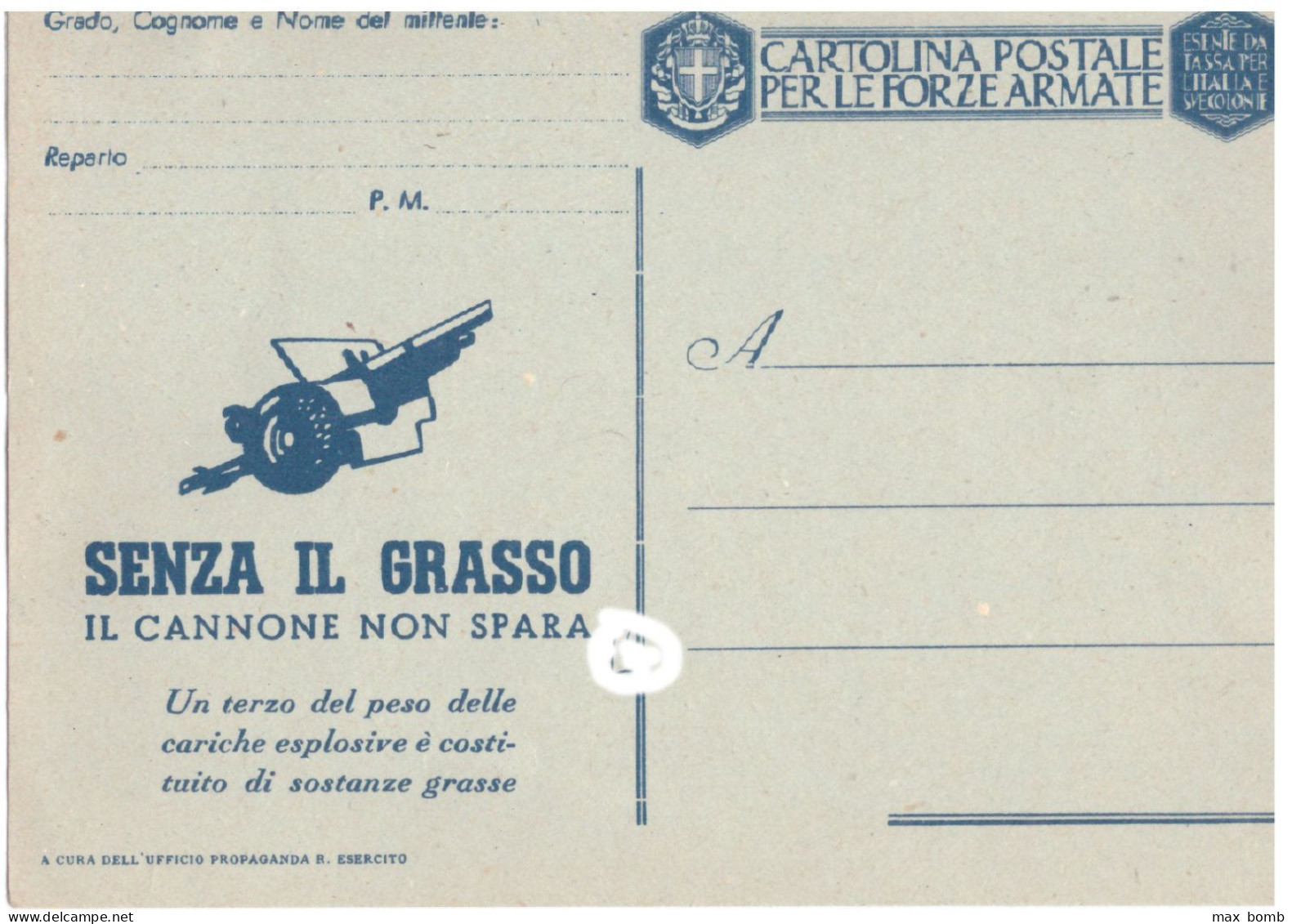 CARTOLINA POSTALE FRANCHIGIA ..SENZA IL GRASSO IL CANNONE NON SPARA - Zonder Portkosten